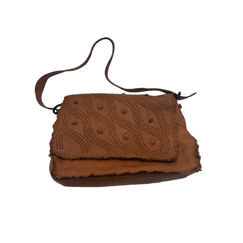 Francesco Biasia Women Handbag Brown Leather Whipstitch Flap Pocket Shoulder Bag